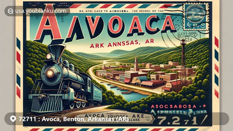 Modern illustration of Avoca, Benton County, Arkansas, showcasing postal theme with ZIP code 72711, featuring Ozark Mountain region, historical landmarks like Old Wire Road and Frisco Railroad, and symbols of gateway to North Beaver Lake.