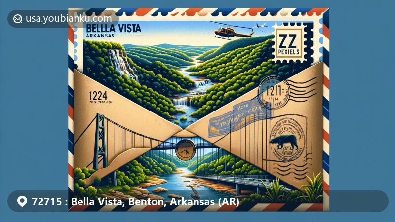 Artistic representation of Bella Vista, Arkansas, featuring Tanyard Creek Nature Trail, Ozark Mountains, and outdoor symbols, with ZIP code 72715 on an air mail envelope.