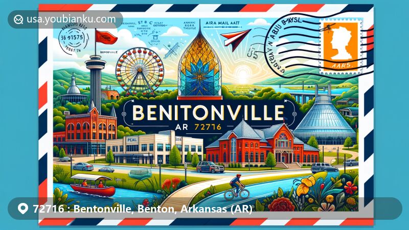 Modern illustration of Bentonville, Arkansas, with ZIP code 72716, showcasing Crystal Bridges museum, Walmart museum, Peel mansion and botanical garden, unique bicycle culture, and Ozark Mountains as backdrop.