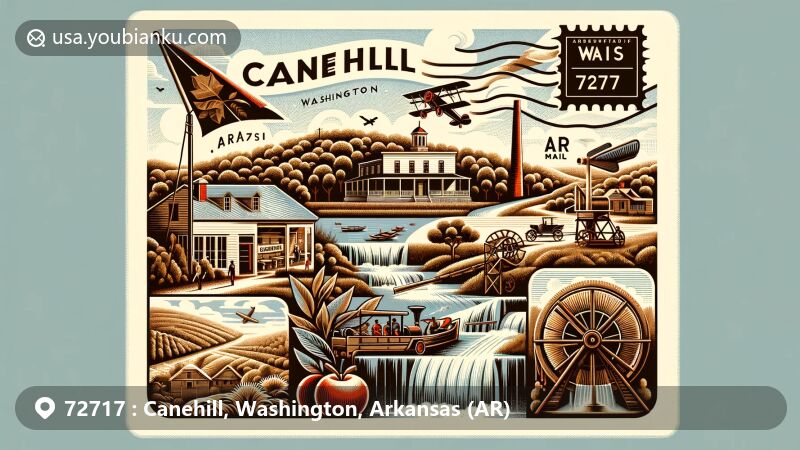 Artistic depiction of historic Cane Hill and Pyeatte-Moore Mill in Arkansas, showcasing architectural charm and rural beauty.