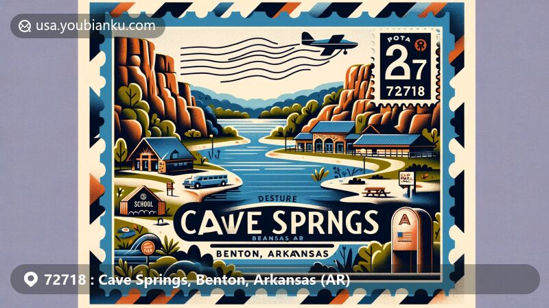 Modern illustration of Cave Springs, Benton, Arkansas (AR), showcasing postal theme with ZIP code 72718, featuring Lake Keith, Bentonville School District, and Northwest Arkansas metropolitan area.