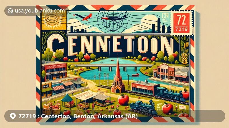 Modern illustration of Centerton, Arkansas, capturing the essence of ZIP code 72719 with iconic landmarks and cultural elements, celebrating the city's history as a railroad stop and apple industry center.