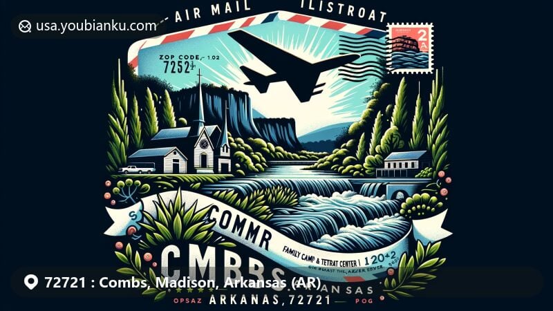 Modern illustration of Combs, Arkansas, highlighting postal theme with ZIP code 72721, featuring Fort Rock Family Camp & Retreat Center and Arkansas state flag stamp.