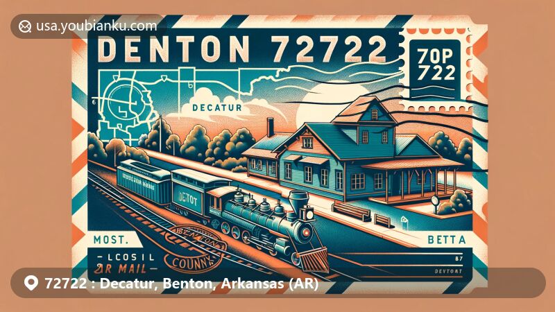Modern illustration of Decatur, Benton County, Arkansas, featuring ZIP code 72722, showcasing Decatur Depot Museum with vintage train and cabin, integrating historical and geographic elements.