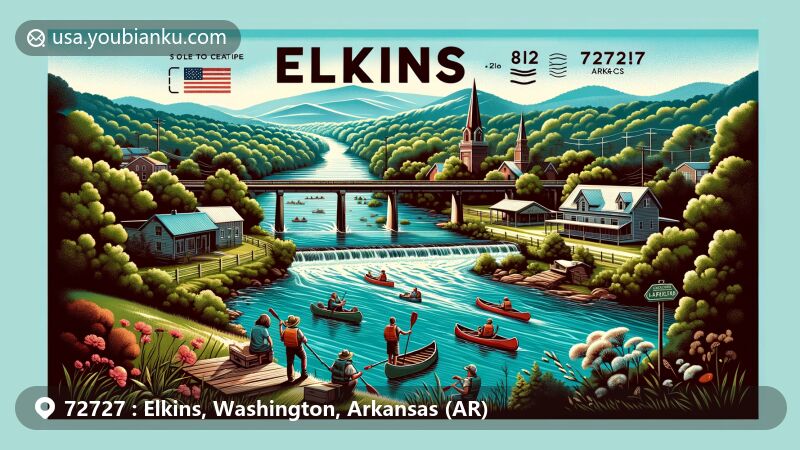 Modern illustration of Elkins, Arkansas, showcasing town surrounded by Ozark Mountains, highlighting outdoor recreational activities like Ozark National Forest and Ozark Highland Trail, White River canoeing and fishing, historic concrete bridge, and community spirit.