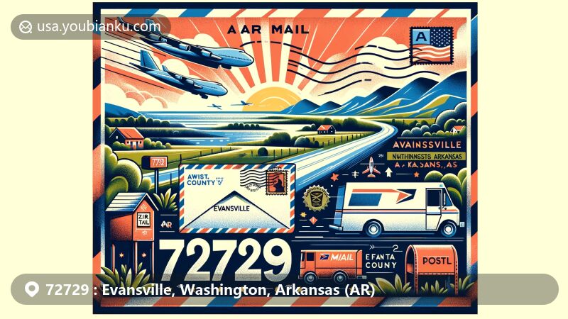 Creative illustration of Evansville, Washington County, Arkansas, featuring air mail envelope with postal elements and scenic Northwest Arkansas backdrop, showcasing ZIP code 72729 and state symbols.