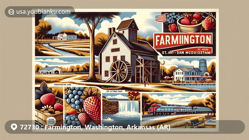 Modern illustration of Farmington, Arkansas, showcasing agricultural history with grist mill, strawberries, grapes, and St. Louis–San Francisco Railway; highlighting Creekside Park and farming community activities, embodying town's essence as family, farm, and business-focused.