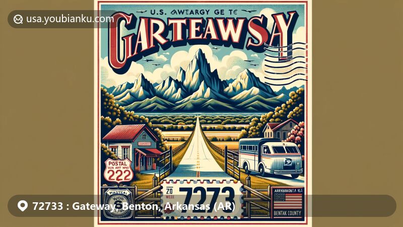 Modern illustration of Gateway, Benton County, Arkansas, with U.S. ZIP Code 72733, showcasing Ozark Mountains backdrop, U.S. Highway 62, and vintage postcard style merging postal aesthetics with local features.