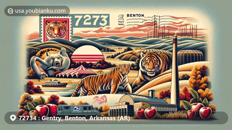 Modern illustration of Gentry, Benton, Arkansas, showcasing Wild Wilderness Drive-Through Safari, Flint Creek Power Plant, Grand Army of the Republic monument, and Arkansas landscape, integrated with postal elements like vintage airmail envelope and postal delivery truck, reflecting local landmarks and symbols.
