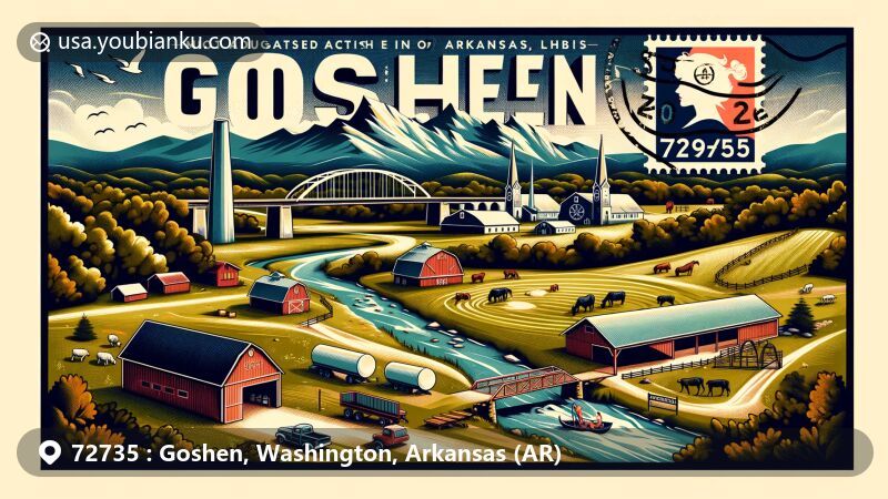 Modern illustration of Goshen, Arkansas, in Washington County, ZIP code 72735, featuring Ozark Mountains, The Twin Bridges, hay fields, cattle farms, equine facilities, and Mill Branch Park.