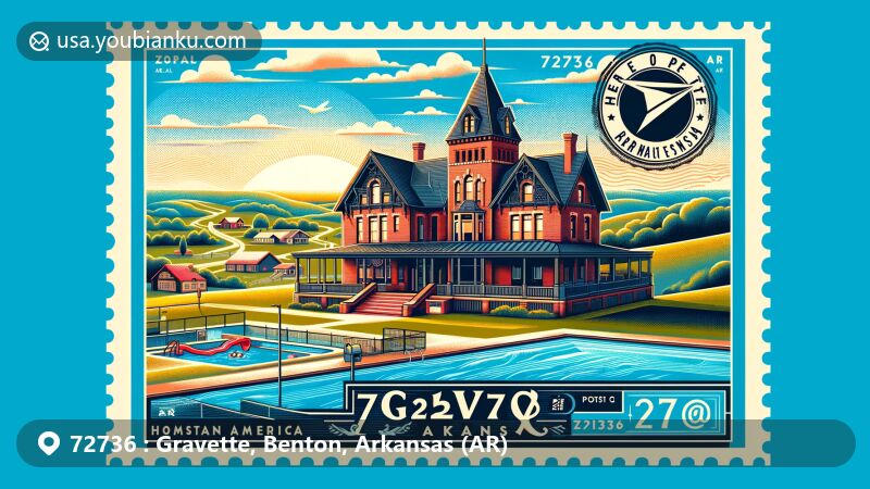 Modern illustration of Kindley House in Gravette, Arkansas (AR), highlighting community spirit and historical significance, with background featuring Gravette Pool and Splash Park. Blend of past and present, showcasing vibrant northwest Arkansas scenery.