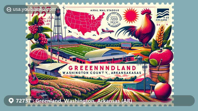 Modern illustration of Greenland, Washington County, Arkansas, highlighting ZIP code 72737 with postal and regional elements, including agricultural traditions, high school sports, and symbols of Arkansas state, set against the backdrop of Boston Mountains.