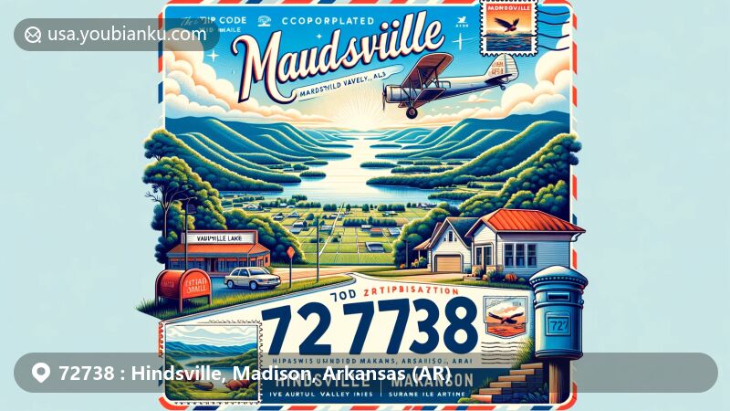 Modern illustration of Hindsville, Madison County, Arkansas, highlighting Ozark Mountains, Vaughan Valley farmlands, Hindsville Lake, and postal theme with ZIP code 72738.