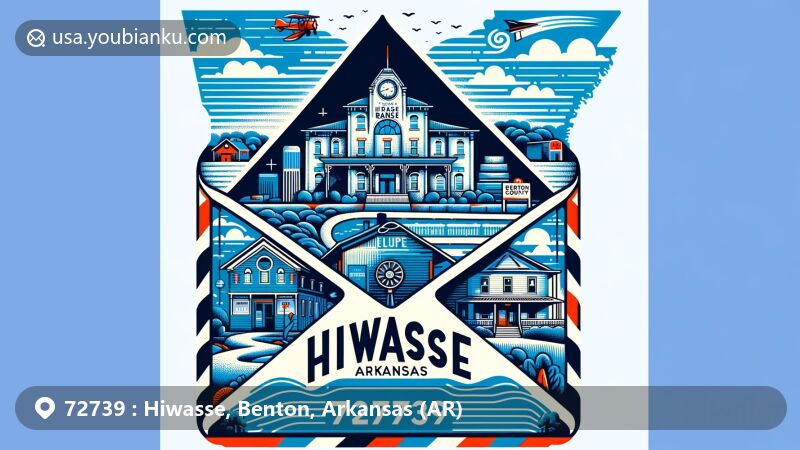 Creative illustration of Hiwasse, Arkansas, featuring Hiwasse Bank Building, Banks House, and suburban landscape, symbolizing local heritage and community lifestyle.