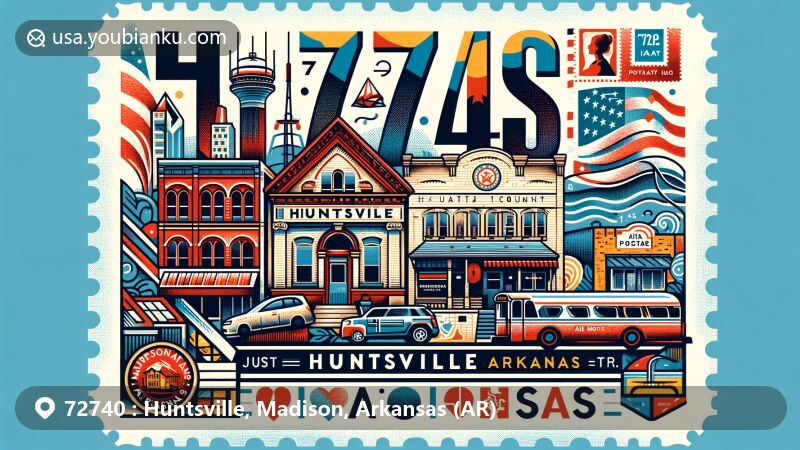 Modern illustration of Huntsville, Madison County, Arkansas, showcasing postal theme with ZIP code 72740, featuring Huntsville Commercial Historic District and Arkansas state symbols.