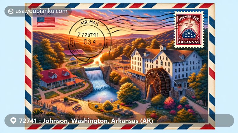 Picturesque illustration of Inn at the Mill in Johnson, Arkansas, formerly a 19th-century water-powered grist mill, now a charming accommodation set against Ozark Mountains. Features vibrant sunset lighting highlighting unique architectural details, including elements of aviation mail envelope with red-blue border, vintage postage stamp with Arkansas flag, and postal stamp with '72741' ZIP code and current date. Depicts Clear Creek Trail connection to broader Northwest Arkansas Razorback Regional Greenway and serene natural beauty surroundings, capturing essence of Johnson town rural charm and stunning Ozark Mountain scenery.