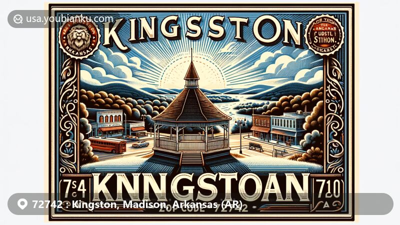 Modern illustration of Kingston, Arkansas, showcasing postal theme with ZIP code 72742, featuring gazebo symbolizing downtown, local arts and crafts, Ozark scenery with rolling hills, forests, and Kings River, vintage postcard design with state flag, Arkansas school and gas station nods.
