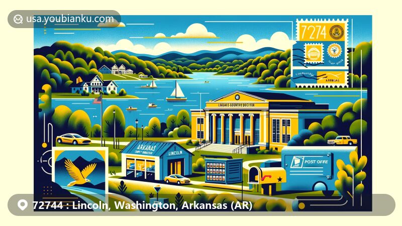 Modern illustration of ZIP code 72744, Lincoln, Washington County, Arkansas, highlighting Lincoln Lake's natural scenery, Arkansas Country Doctor Museum, and postal features.