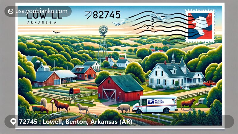 Modern illustration of ZIP code 72745 in Lowell, Arkansas, Benton County, creatively merging local landscape with postal elements, featuring rural scenery, small farms, and Lowell Historical Museum.