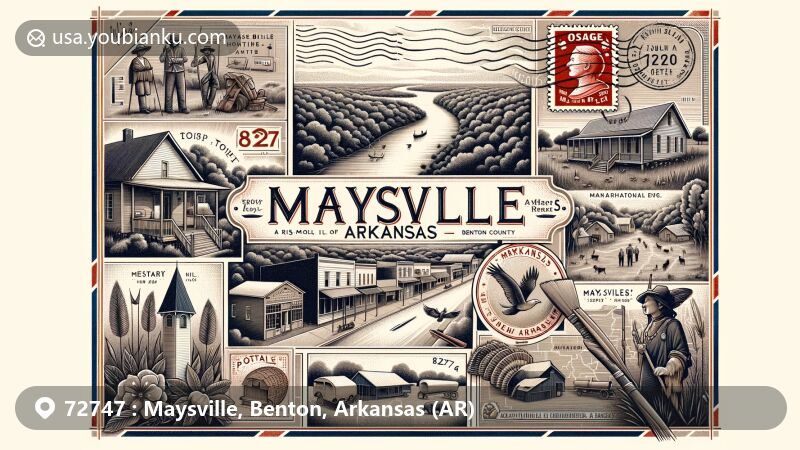 Modern illustration of Maysville, Benton County, Arkansas, featuring a stylized postcard capturing the town's history and geographical uniqueness with elements like the Osage's activities, early settler Adam Beatie, Arkansas's first apple orchard, vintage stamp with ZIP code 72747, and natural landmarks of Northwest Arkansas.