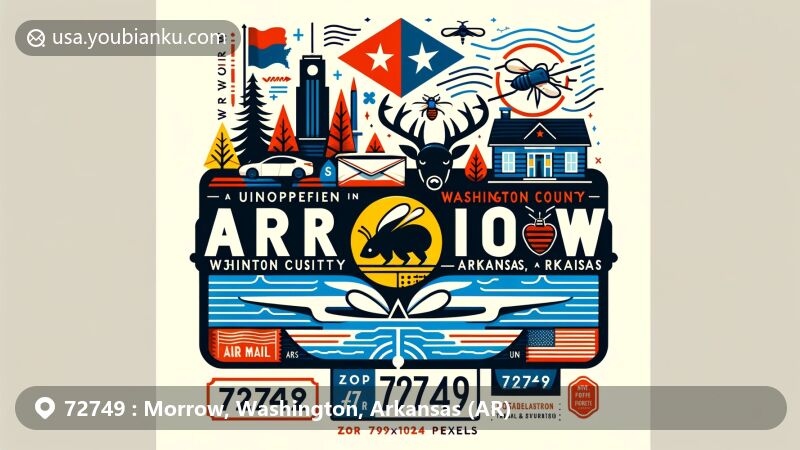 Modern illustration of Morrow, Washington County, Arkansas, showcasing postal theme with ZIP code 72749, featuring Arkansas state symbols like the state flag, pine tree, honeybee, and white-tailed deer.