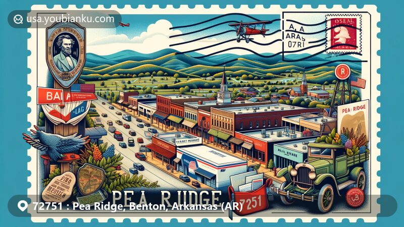 Modern illustration of Pea Ridge, Arkansas, highlighting postal theme with ZIP code 72751, featuring Ozark Mountains, downtown area, and Pea Ridge National Military Park with Elkhorn Tavern.