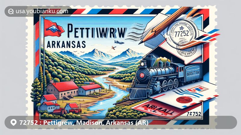 Vibrant illustration of Pettigrew area, Madison County, Arkansas, with ZIP code 72752, featuring Boston Mountains, White River, timber operations, vintage train, airmail envelope, Arkansas state flag stamp, and historical landmarks.
