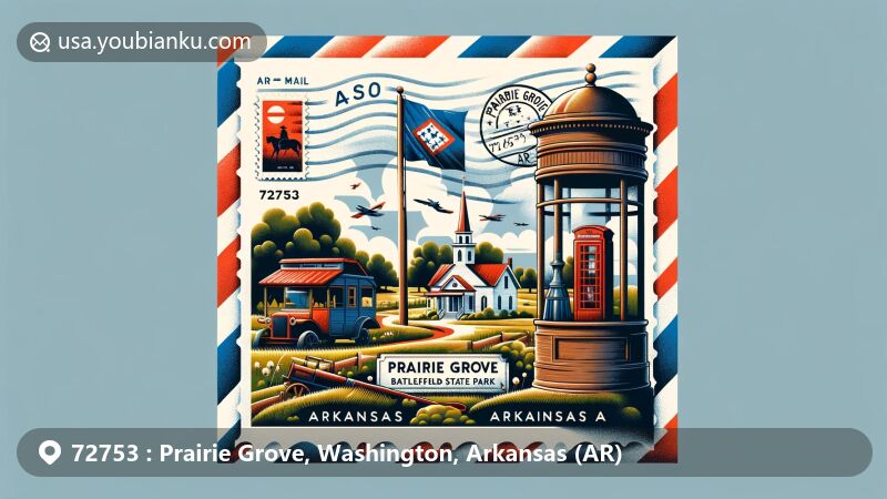 Modern digital illustration of Prairie Grove, Washington County, Arkansas, featuring Prairie Grove Battlefield State Park and a vintage telephone booth, with a stylized airmail envelope displaying ZIP code 72753 and Arkansas state symbols.