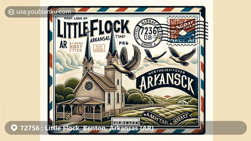 Modern illustration of Little Flock, Arkansas, showcasing postal theme with ZIP code 72756, featuring the historic Little Flock Primitive Baptist Church and scenic landscapes of Northwest Arkansas.