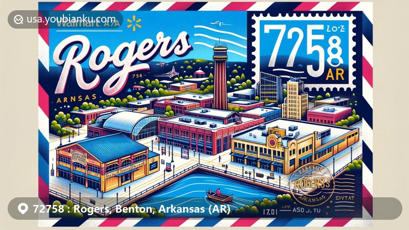 Creative illustration of Rogers, Benton County, Arkansas, featuring postal theme with ZIP code 72758, highlighting War Eagle Mill and Lake Atalanta.