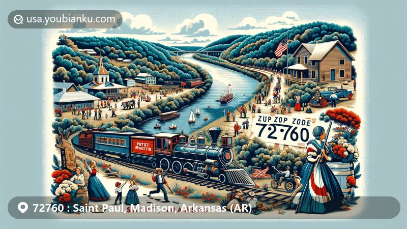 Contemporary illustration of Saint Paul, Arkansas, showcasing natural beauty of Upper Boston Mountains, White River, oak–hickory forests, old-fashioned railroad, and Pioneer Day festival with historical square dancing. Postal elements include vintage postcard frame, postal stamp with ZIP code 72760, and old-fashioned mailbox. Vibrant style merges town's cultural and natural heritage with a postal theme.