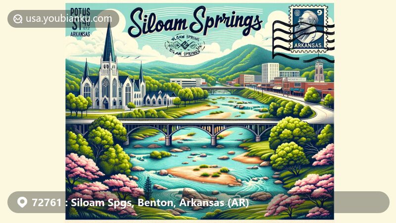 Modern illustration of Siloam Springs, Benton County, Arkansas, presenting Sager Creek, dogwood trees, downtown bridge, John Brown University's cathedral, and Ozark Mountains. Featuring vintage postal elements with Arkansas state flag stamp and ZIP code 72761.