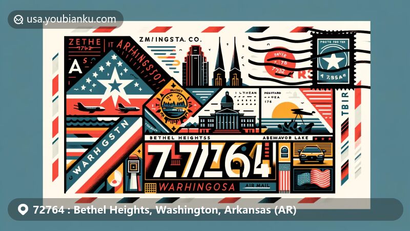 Modern illustration of Bethel Heights, Washington, Arkansas, inspired by postal theme with ZIP code 72764. Features Arkansas state flag, Benton County silhouette, Bethel Church of the Nazarene, Lutheran church with German services, and proximity to Beaver Lake. Includes postal elements like postage stamp, postmark, and prominent display of ZIP code.