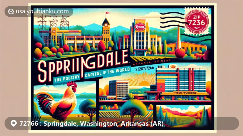 Modern illustration of Springdale, Arkansas, with ZIP code 72766, known as the 'Poultry Capital of the World,' showcasing key landmarks like Tyson Foods headquarters, the Ozark Mountains, vintage postal elements, and local flora, representing the city's history and diverse community.