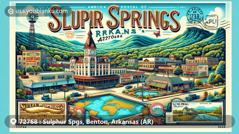 Modern illustration of Sulphur Springs, Benton County, Arkansas, showcasing postal theme with ZIP code 72768, featuring historical Kihlberg Hotel and lush natural scenery, reflecting town's proximity to nature and significance as a spa and resort hub in the early 20th century.