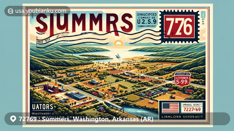 Modern illustration of Summers, Washington County, Arkansas, featuring natural landscapes of the Ozarks and the Springfield Plateau near the Boston Mountains, incorporating U.S. Route 62 and Arkansas Highway 59, highlighting Summers community's proximity to the Oklahoma border and Ballard Creek, with vintage postage stamp bearing ZIP code 72769, postal mark, and illustrated envelope border.