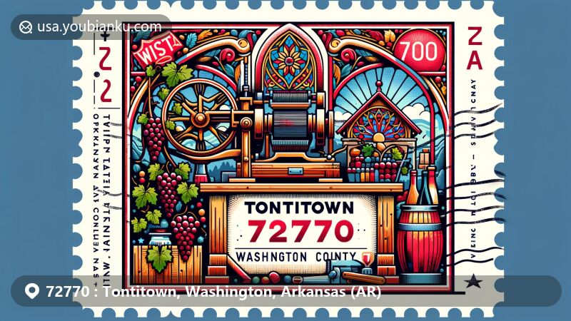 Modern illustration of Tontitown, Washington County, Arkansas, featuring a postal theme design with vintage grape press and wine-bottling machine. Incorporating stained glass window and cultural items of early Italian settlers, reflecting town's grape cultivation and winemaking history.