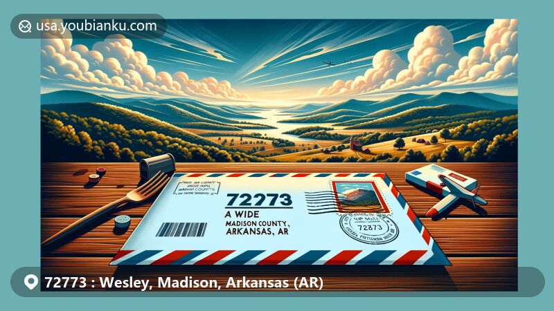 Modern illustration of Wesley, Madison County, Arkansas, featuring a vintage air mail envelope with ZIP code 72773 on a wooden table, set against a backdrop of rolling hills, dense forests, and clear skies.