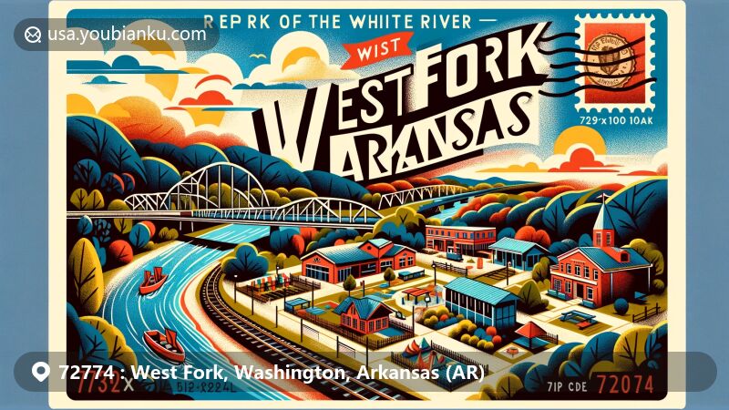 Modern illustration of West Fork, Arkansas, with elements including West Fork of the White River, Riverside Park, historical railroad connection, and local school symbols, featuring ZIP code 72774.