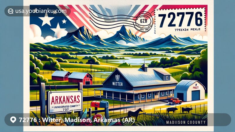 Modern illustration of Witter, Madison County, Arkansas, featuring Ozark Mountain beauty, post office with ZIP code 72776, Arkansas state flag, rural elements, and vintage postal motifs.