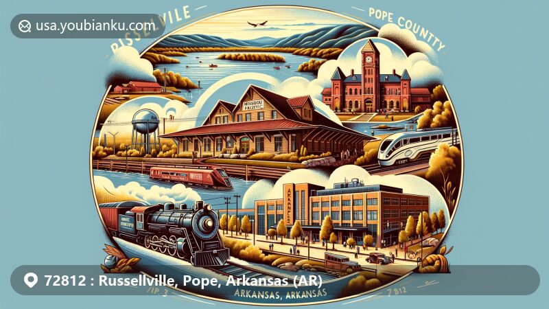 Modern illustration of Russellville, Arkansas area (ZIP Code 72812), featuring Lake Dardanelle State Park, Historic Missouri Pacific Railroad Depot, Arkansas Tech University (ATU), Arkansas River, Bona Dea Trails, and Ozark Mountains.