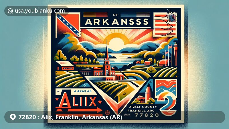 Modern illustration of Alix, Franklin County, Arkansas (AR), showcasing postal theme with ZIP code 72820, featuring Arkansas state flag, Franklin County outline with Alix marked, local landmarks like wineries & vineyards, vintage postage stamp with '72820 Alix, AR'.