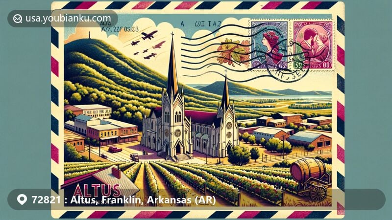 Illustration of Altus, Arkansas, depicting vineyards against the backdrop of the Ozark Mountains, featuring St. Mary's Catholic Church in Roman Basilical style and vintage stamps symbolizing wine production. The design includes a postal mark with ZIP code '72821', showcasing the town's rich wine-making heritage and cultural significance.