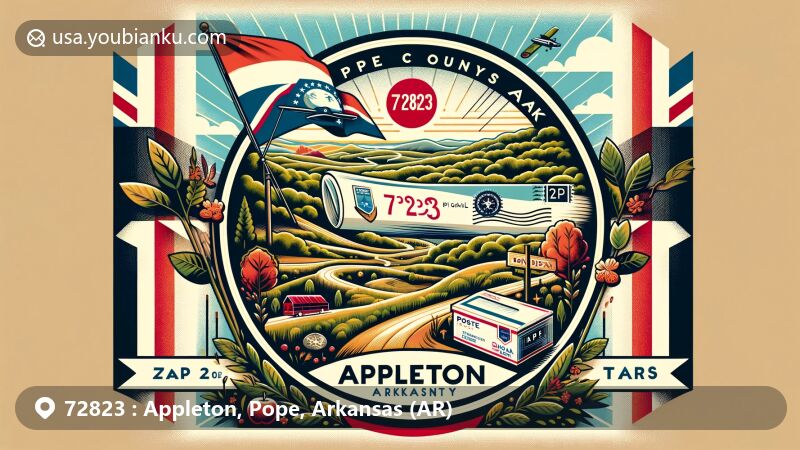 Modern illustration of Appleton, Pope County, Arkansas, showcasing postal theme with ZIP code 72823, featuring Bona Dea Trails and Arkansas state symbols.