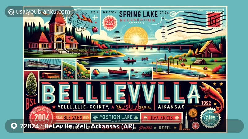 Modern illustration of Belleville, Yell County, Arkansas, featuring Spring Lake Recreation Area known for its natural beauty and outdoor activities like fishing, swimming, and camping. The design celebrates the town's connection to the timber industry and rich history, including the impact of railways on development, with vintage postage elements like a stamp, postmark, and ZIP code 72824.