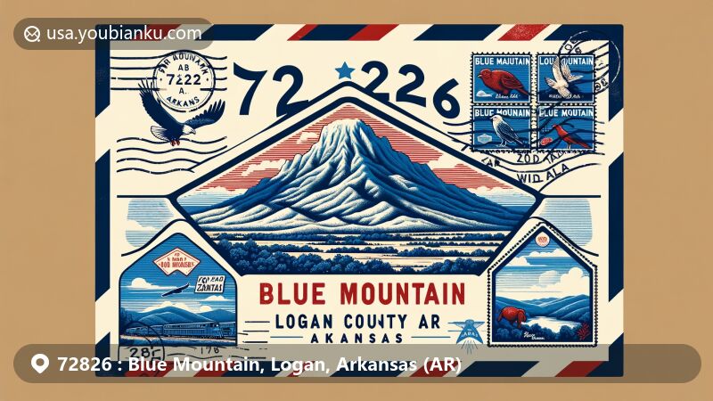 Modern illustration of Blue Mountain, Logan County, Arkansas, featuring vintage airmail envelope with postal theme, showcasing Mount Magazine and Arkansas state symbols, including a stylized map of Logan County.