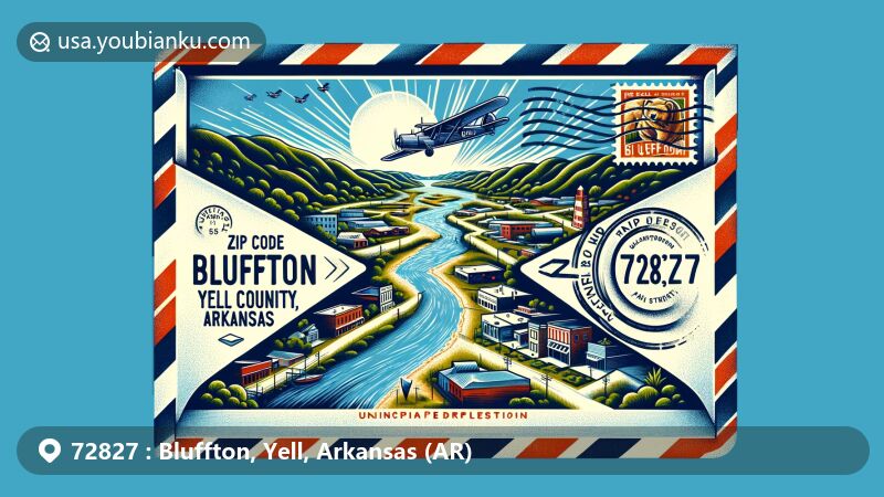 Modern illustration of Bluffton, Yell County, Arkansas, showcasing postal theme with ZIP code 72827, featuring Arkansas River and local landmarks.