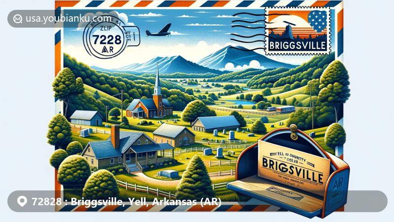 Modern illustration of Briggsville, Yell County, Arkansas, capturing rural landscape with ZIP code 72828, highlighting Mount Zion Cemetery and Briggs Memorial Park.