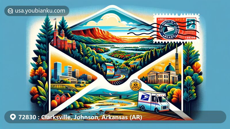 Modern illustration of Clarksville, Johnson County, Arkansas, highlighting postal theme with ZIP code 72830, featuring Ozark Highlands Scenic Byway, Boston Mountain range, Big Piney Creek, University of the Ozarks stamp, postmark, and postal truck.