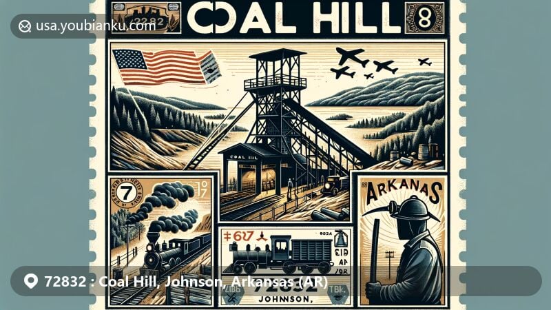 Modern illustration of Coal Hill, Johnson County, Arkansas, inspired by vintage postcard and air mail envelope themes, showcasing historical coal mining imagery, ZIP code 72832, and Arkansas state symbols.